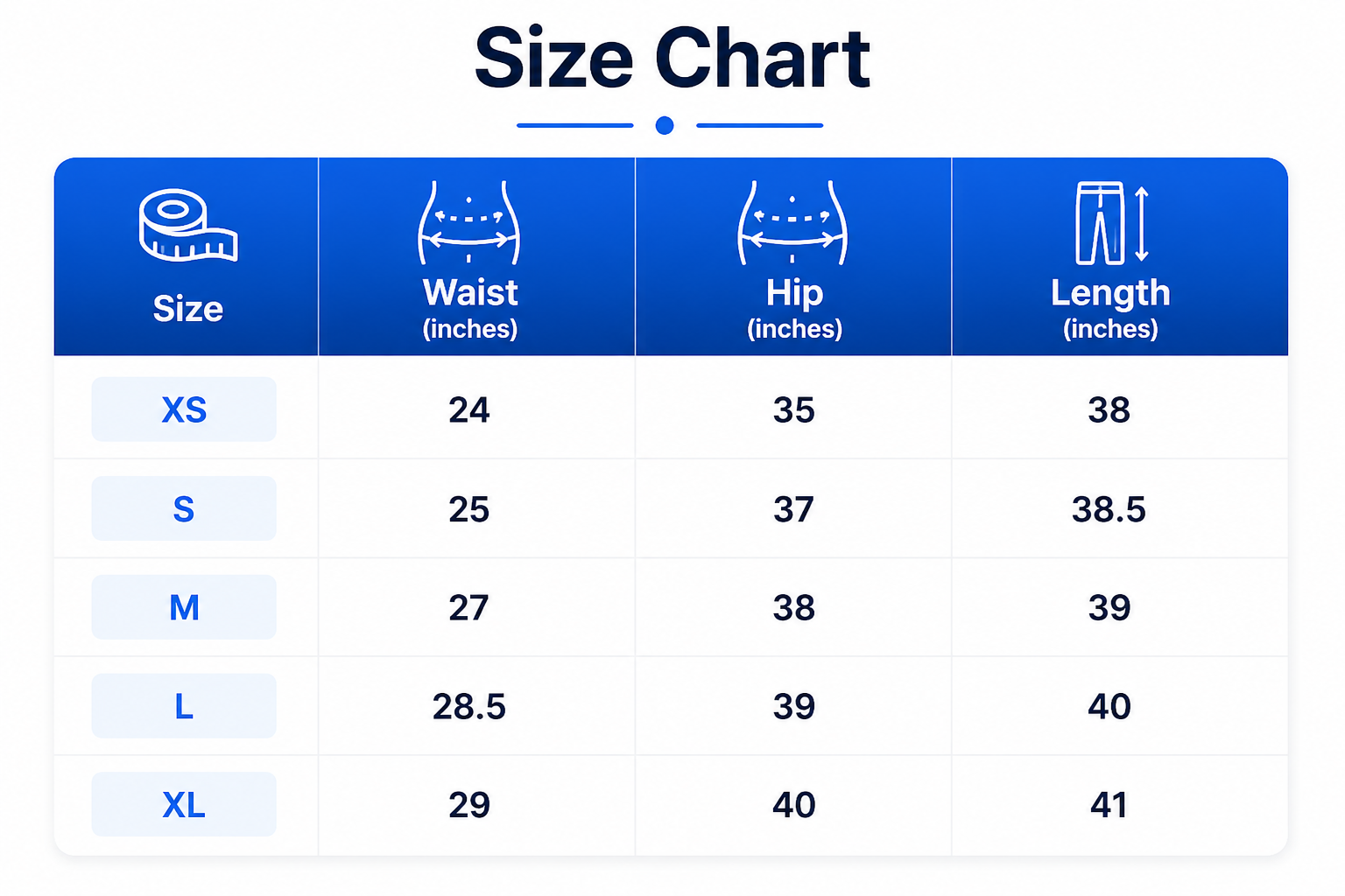 Size chart for Straight Cut Trousers